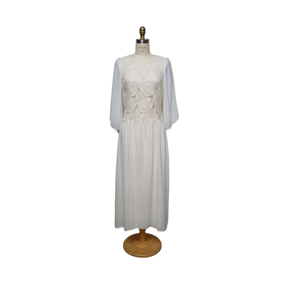Vtg 70s White Embroidered Floral Coquette Fairy Balloon Sleeve Dress Size Small